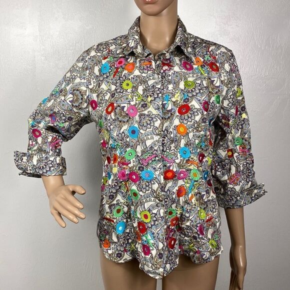 Pong Poco LTD Embroidered Cotton Floral Paisley Long Sleeve Shirt Top Size M - Picture 1 of 7